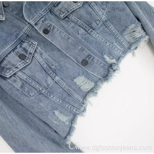 Distressed Rhinestone Rpiied Denim Women Jackets